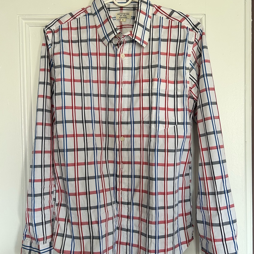 Men's Classic Plaid Button-Down Shirt - White with Red & Blue Checks